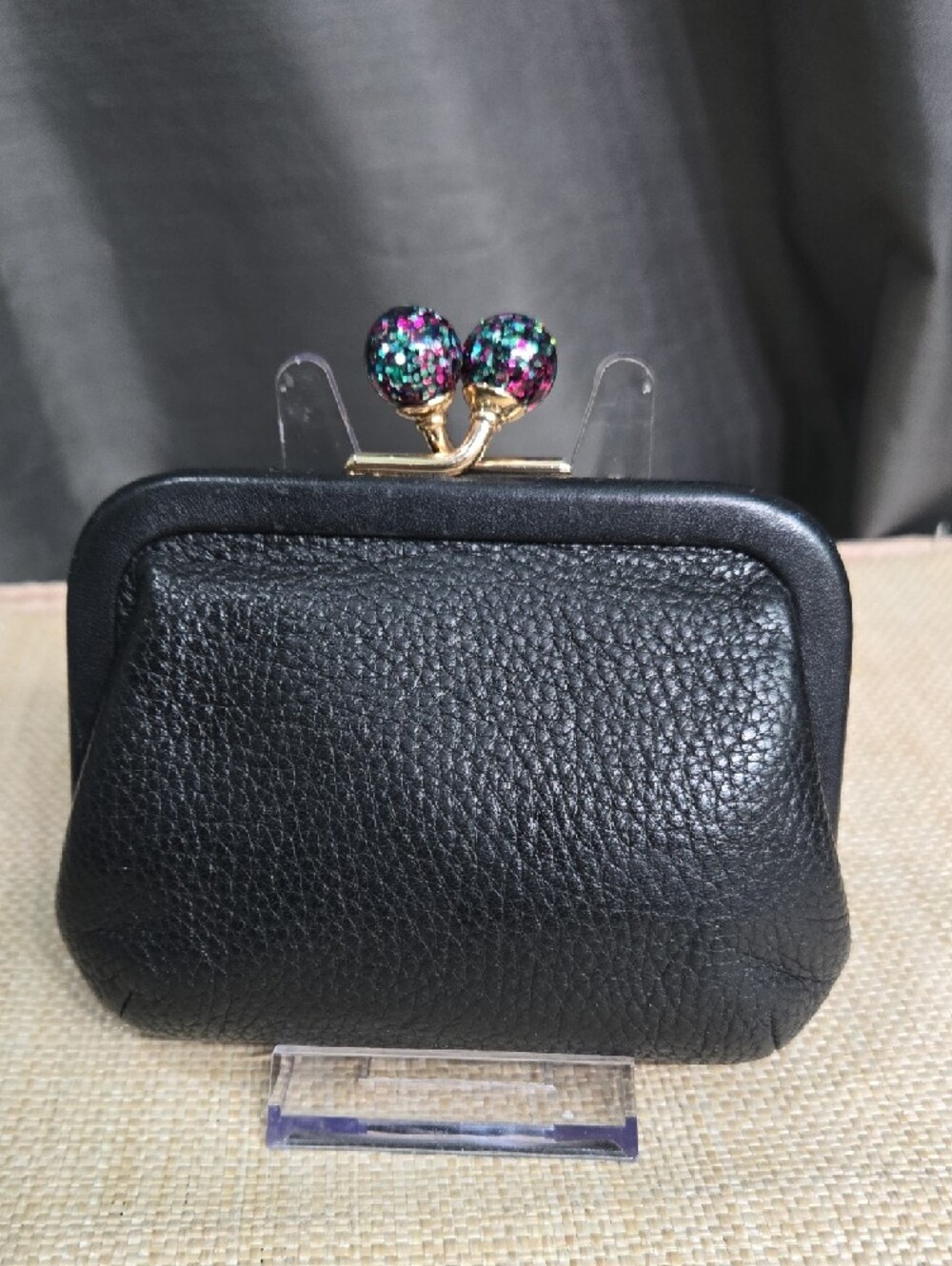 Coach Black Pebbled Leather Kiss-Lock Coin Purse with Multicolor Glitter Kiss - Picture 2 of 11